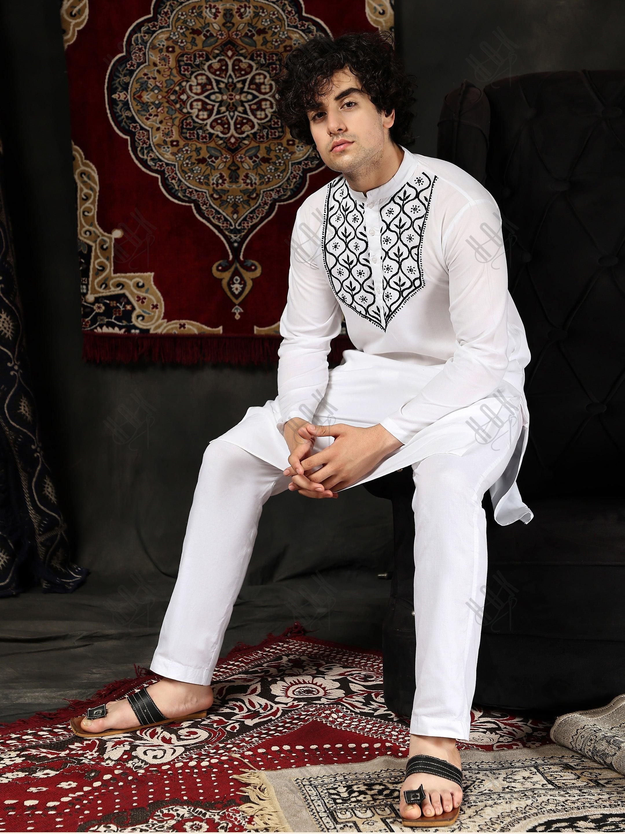 HOK Men's Chikankari Kurta in Rayon Cotton - White - House Of Kari (Chikankari Clothing)