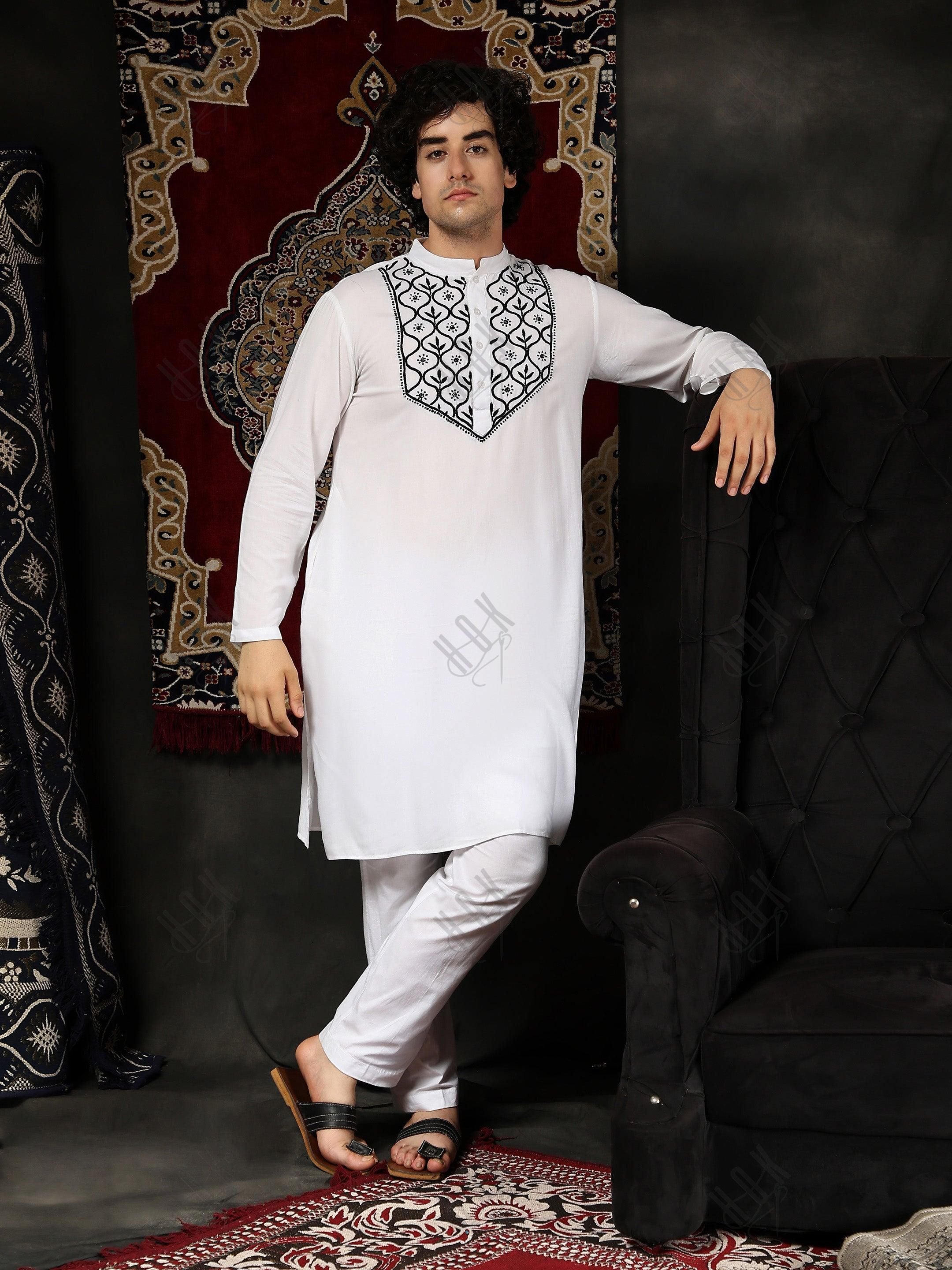 HOK Men's Chikankari Kurta in Rayon Cotton - White - House Of Kari (Chikankari Clothing)