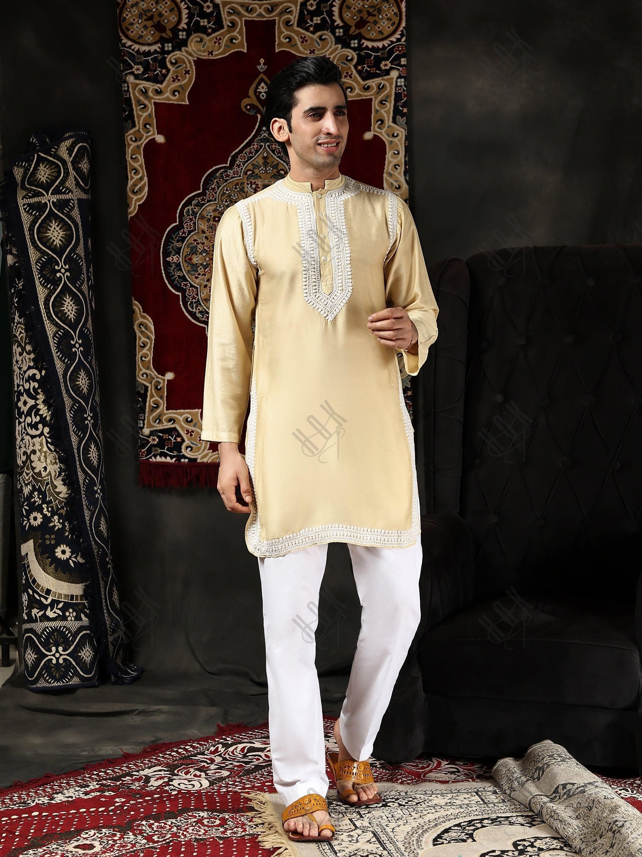 HOK Men's Chikankari Kurta in Chanderi Silk - Beige - House Of Kari (Chikankari Clothing)