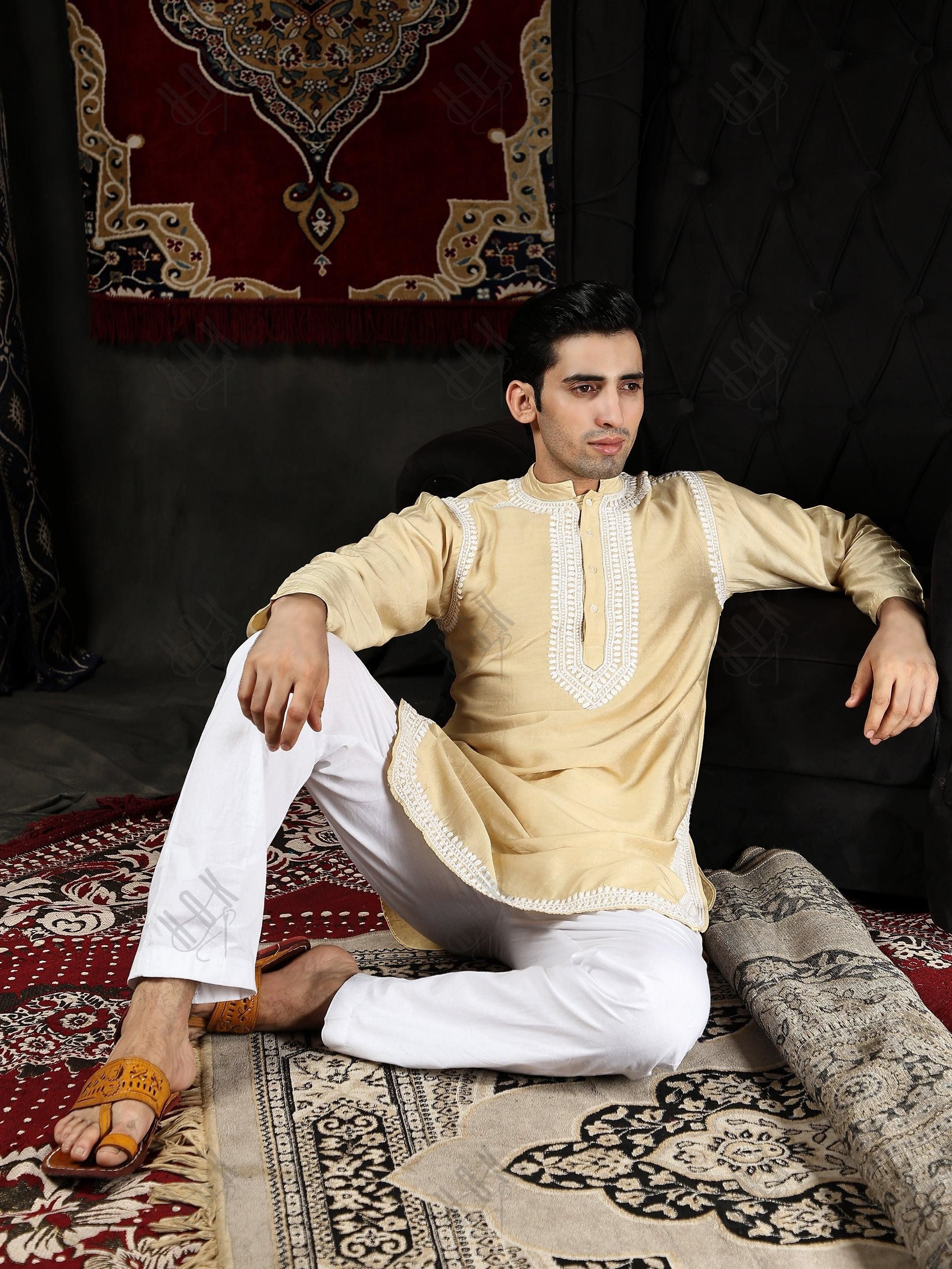 HOK Men's Chikankari Kurta in Chanderi Silk - Beige - House Of Kari (Chikankari Clothing)