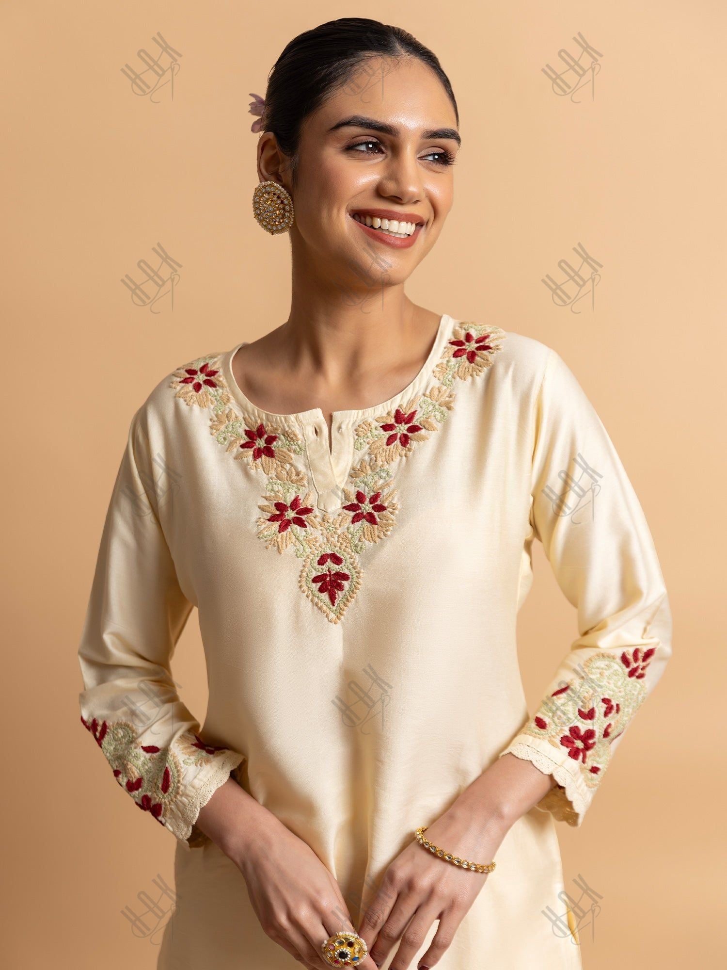 Rimple in Fizaa's Chikankari Chanderi Silk Kurta Set for Women - Beige