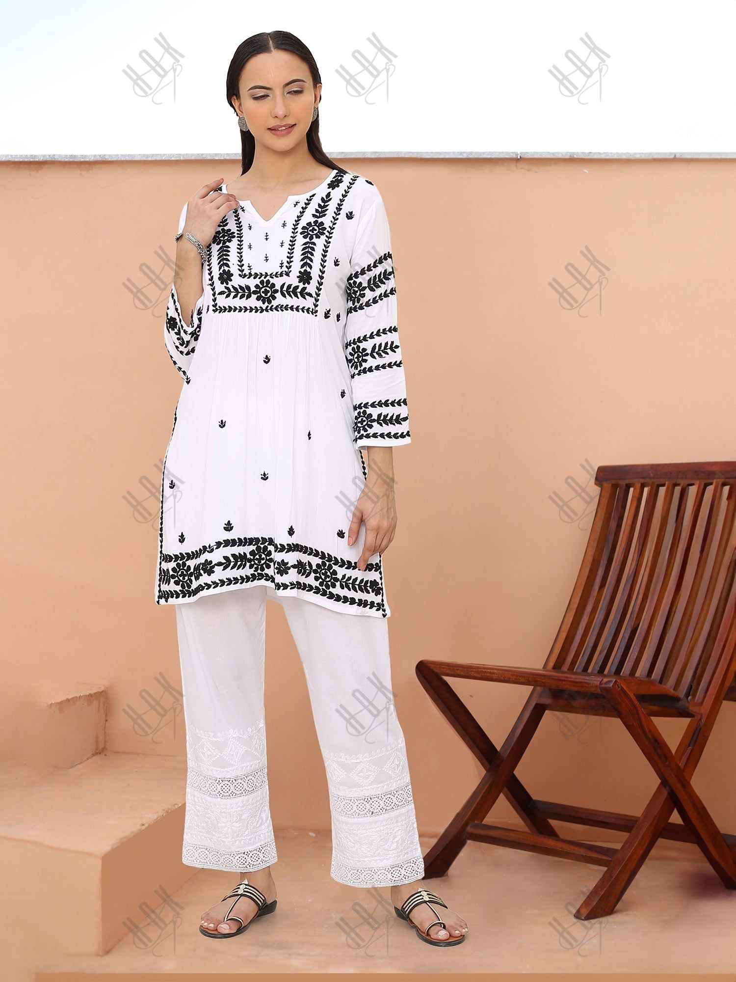 Saba Chikankari Short Kurta in Rayon cotton - White With Black