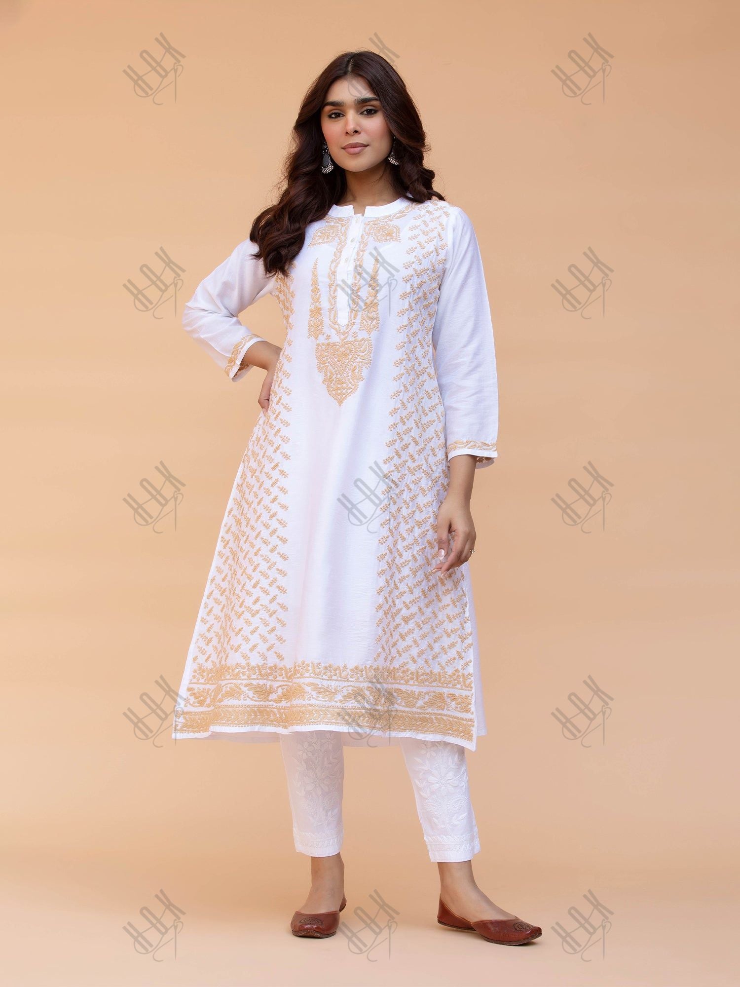 Saba Chikankari Long Kurta in Chanderi Silk with Beige