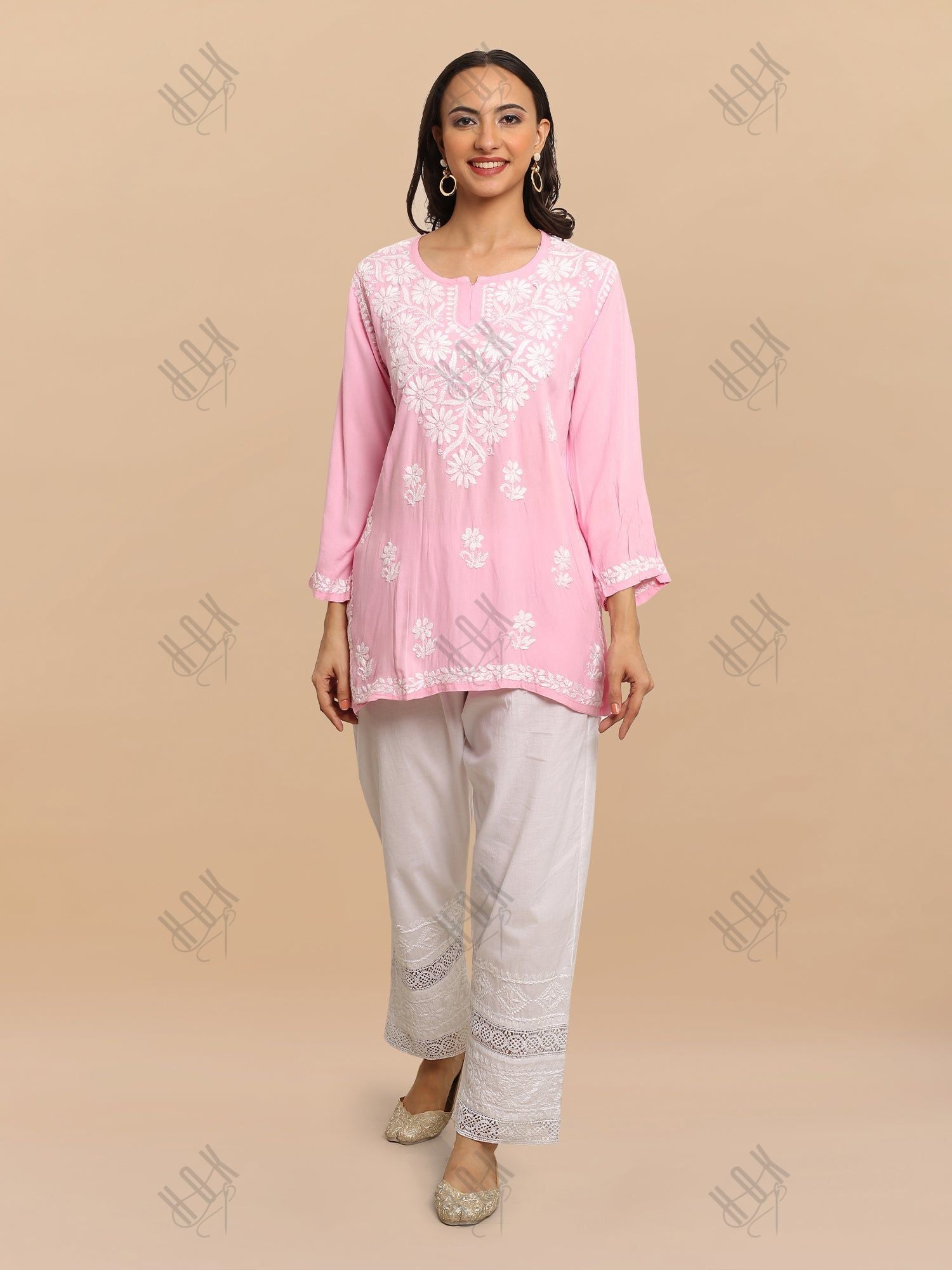 Saba Chikankari Short Kurta in Rayon cotton - Pink