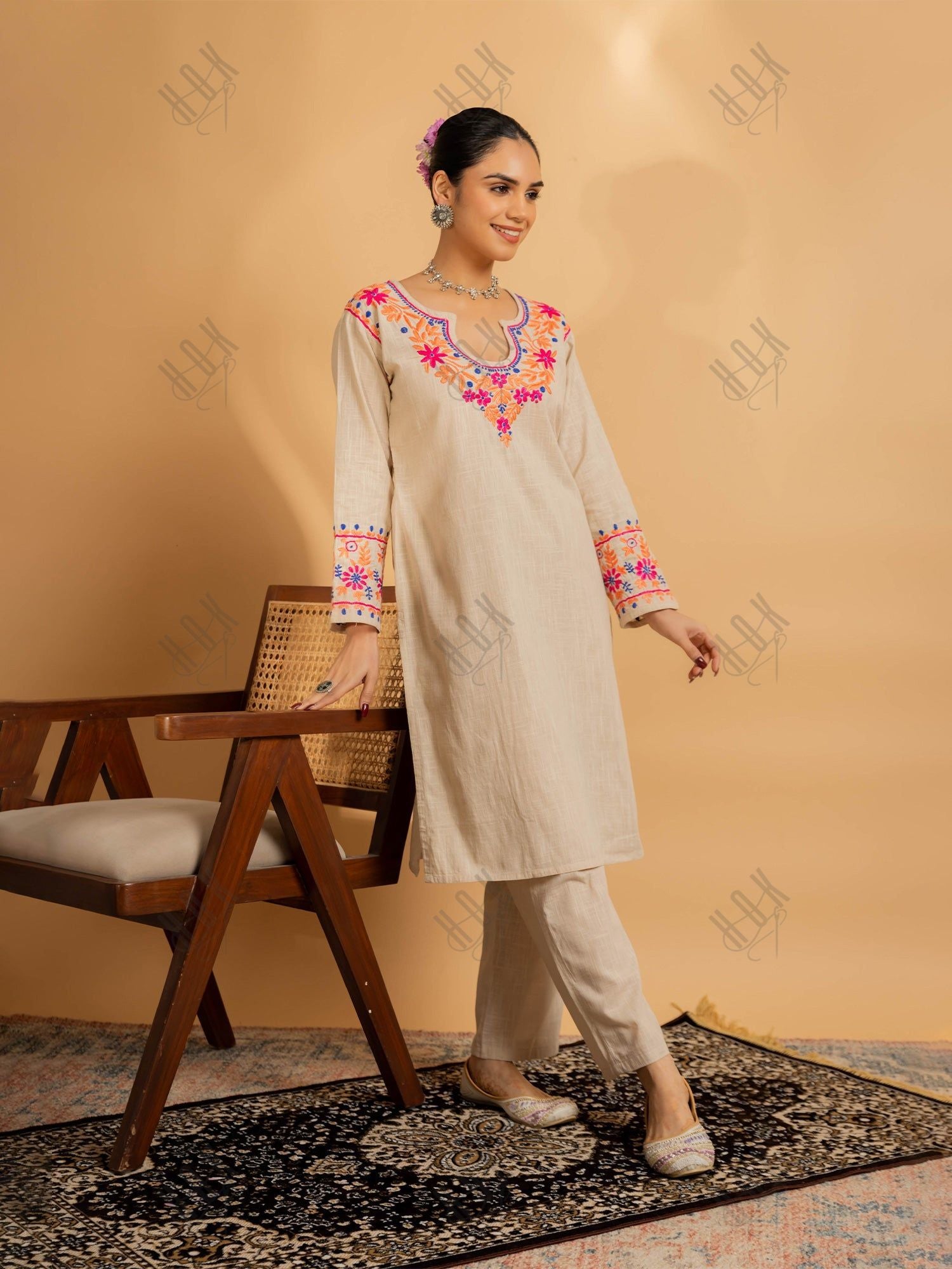 Saba Chikankari in Cotton Kurta Set for Women - Beige