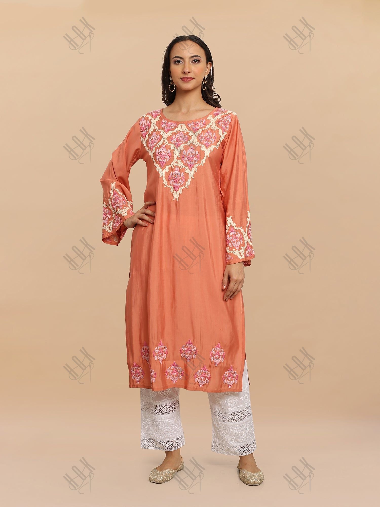 Saba Chikankari Long Kurta in Modal Silk - Peach