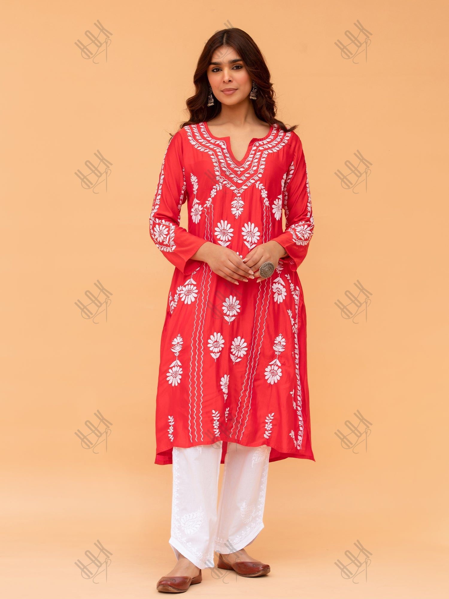 Saba Chikankari Long Kurta in Barfi Silk - Red