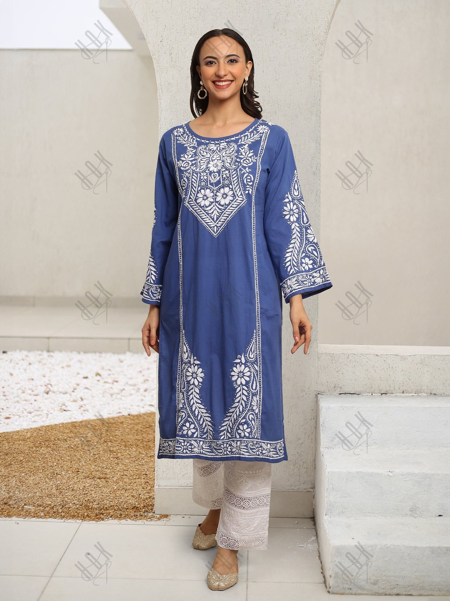 Saba Chikankari Long Kurti in Cambric Cotton - Blue