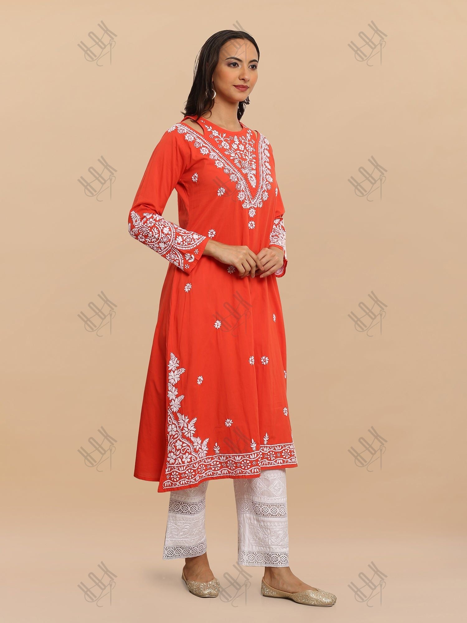 Antara in Saba Chikankari Long kurta in cotton - Red