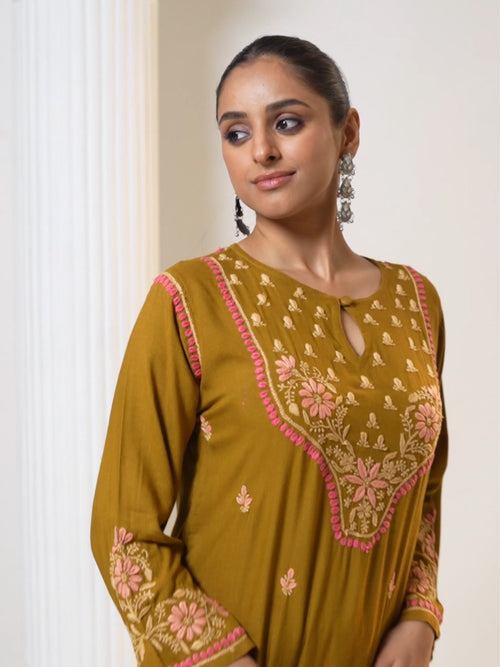 Fizaa's Chikankari Notch Neck Cotton Silk Kurta Set for Women - Mustard