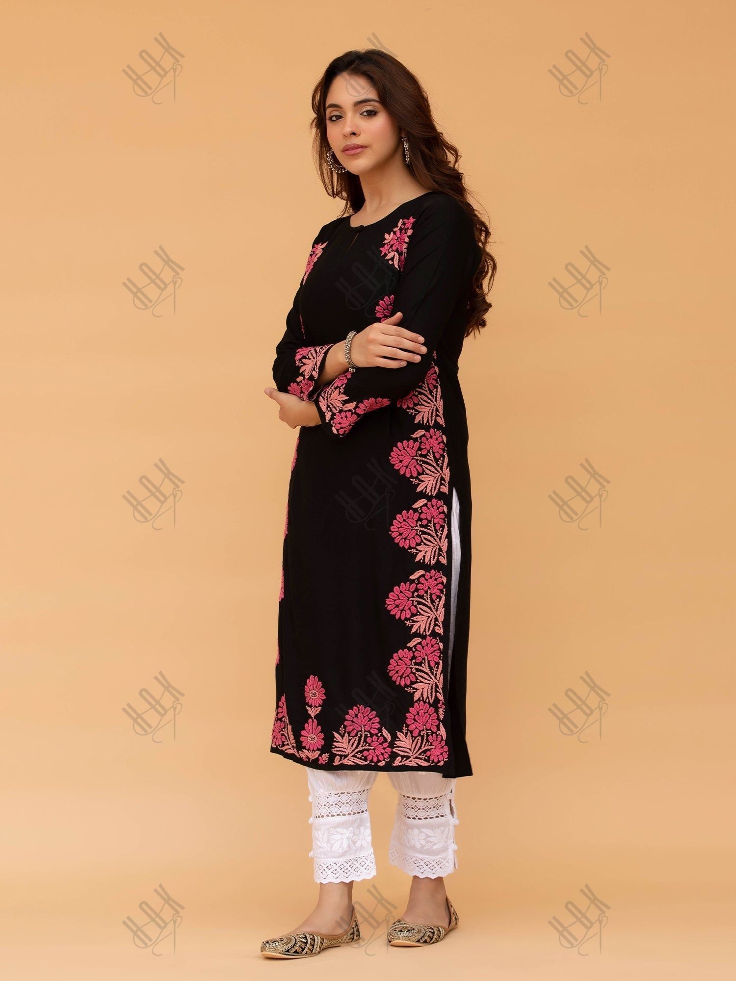 Saba Chikankari Kurta in Rayon Cotton - Black