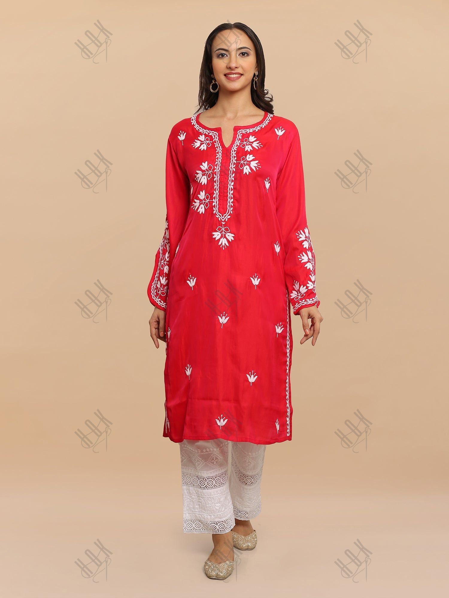 Saba Chikankari Long Kurta in Barfi Silk - Red