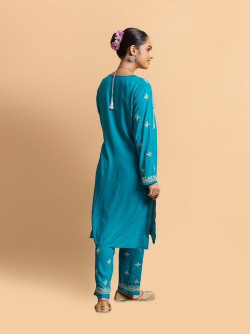 Load image into Gallery viewer, Aanchal in Chikankari Cord Set for Women - Turquoise blue
