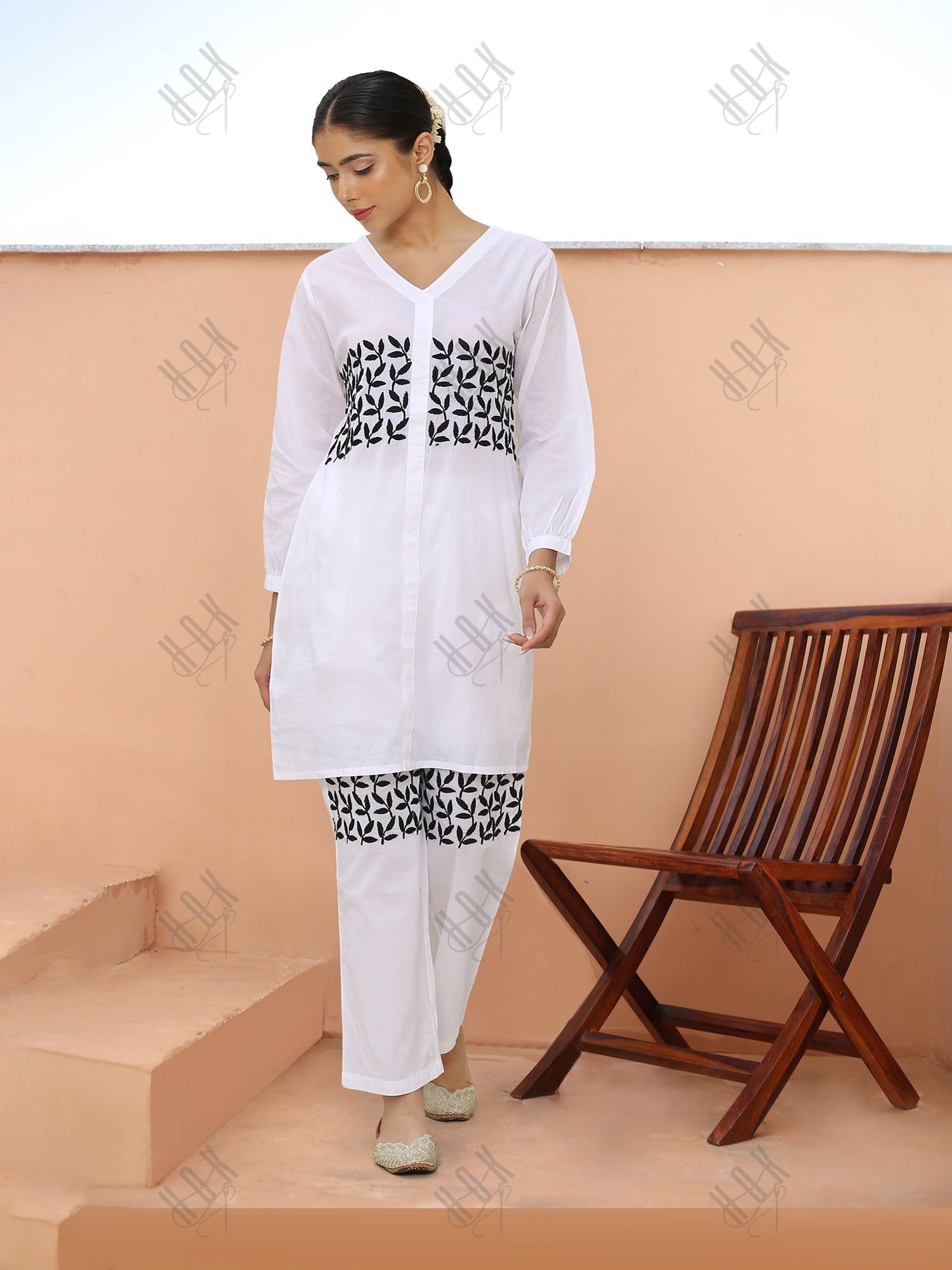 Saba Chikankari Cord Set in Cambric cotton - White with Black