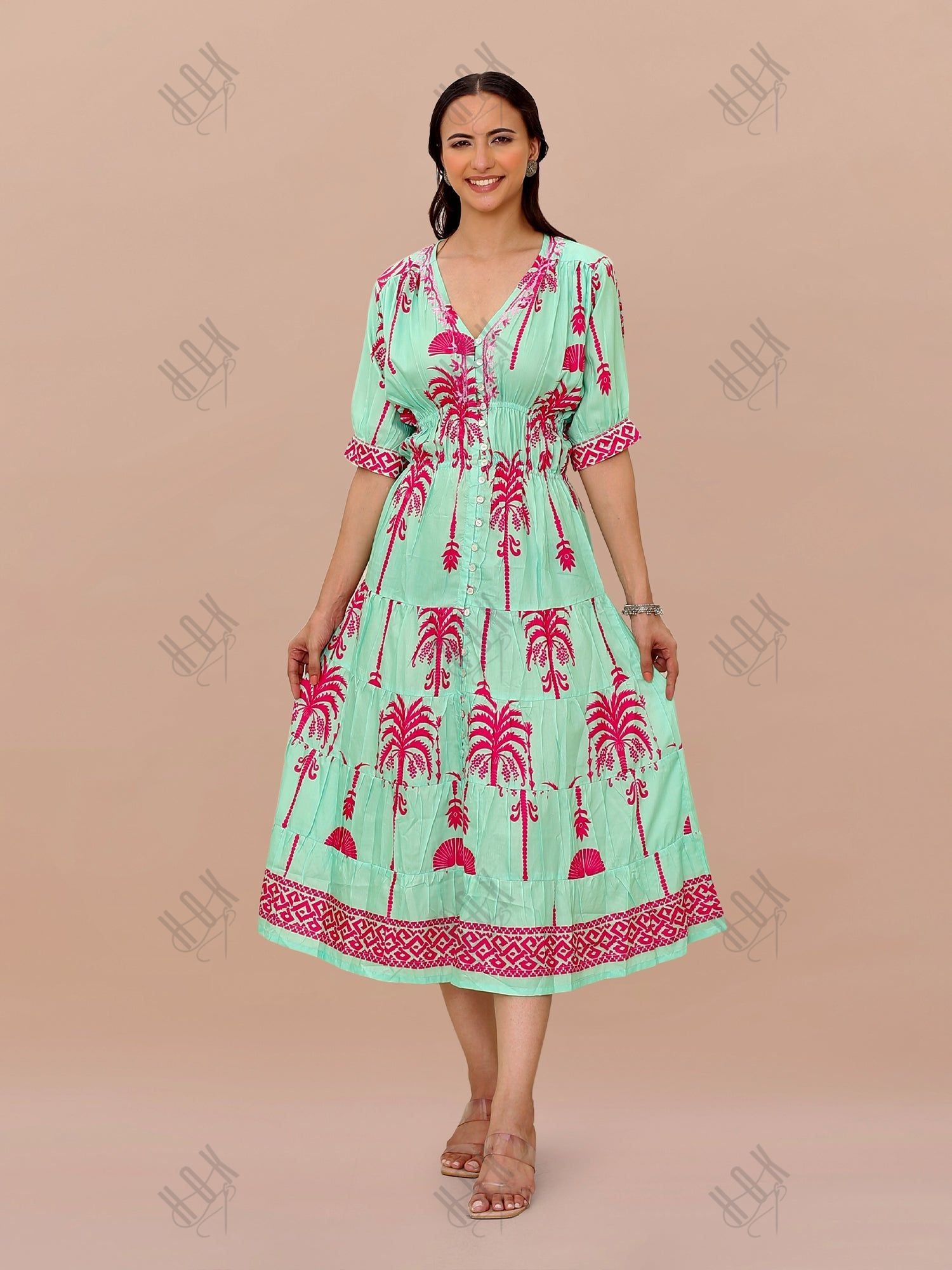 Saba Chikanakri Dress in Printed Muslin - Tourquise blue