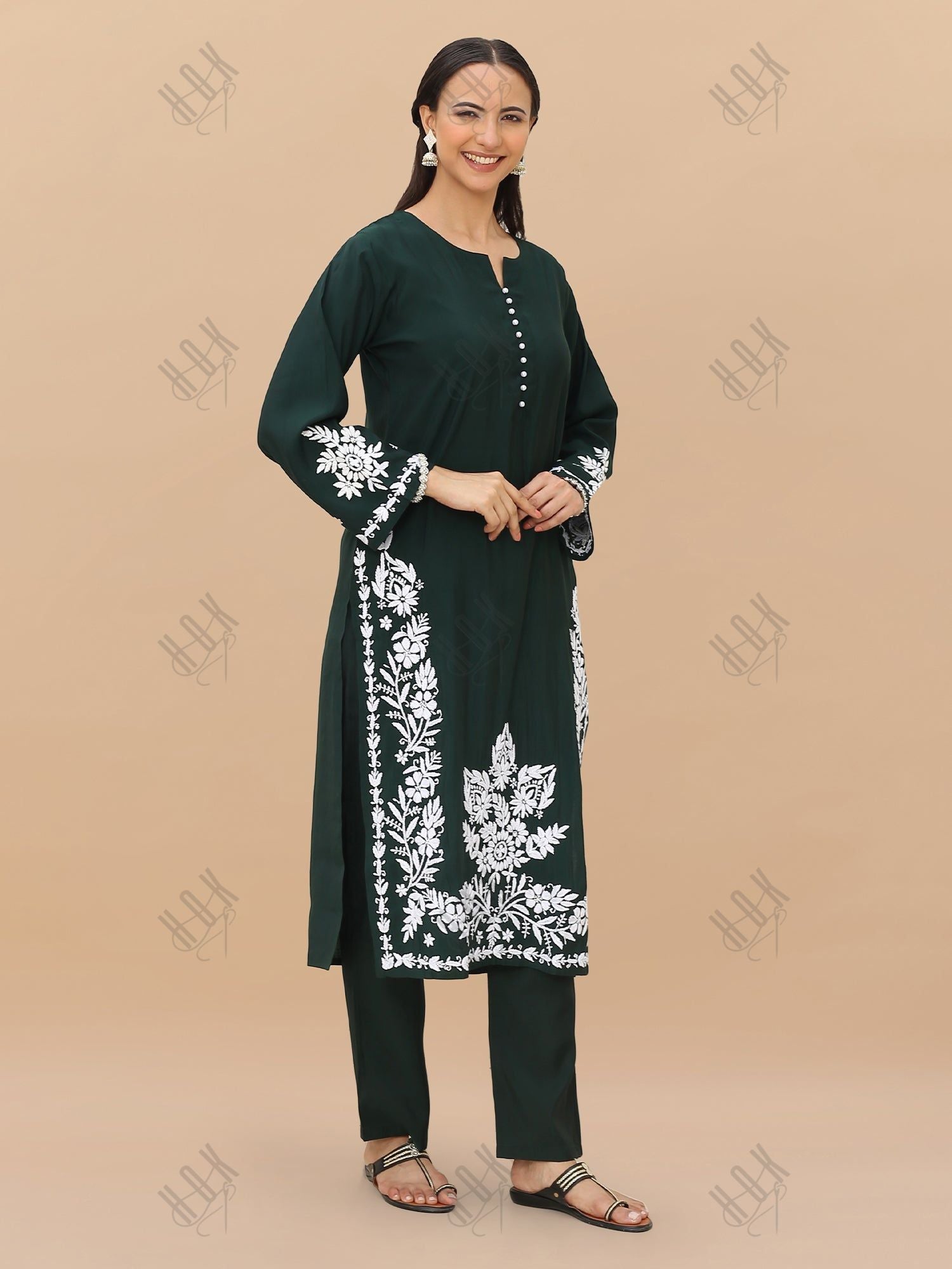 Saba Chikankari Kurta Set in Modal Silk -Green