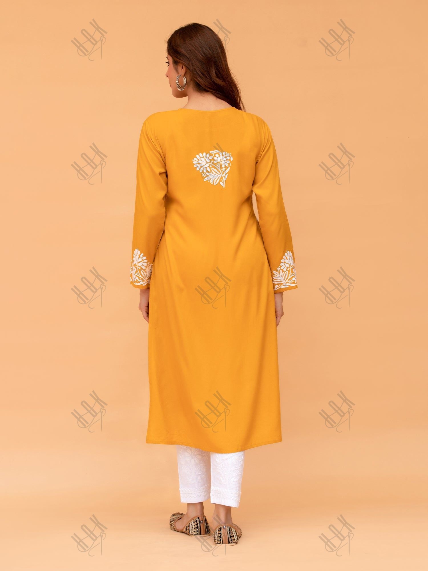 Saba Chikankari Long Kurta in Rayon cotton - Mustard