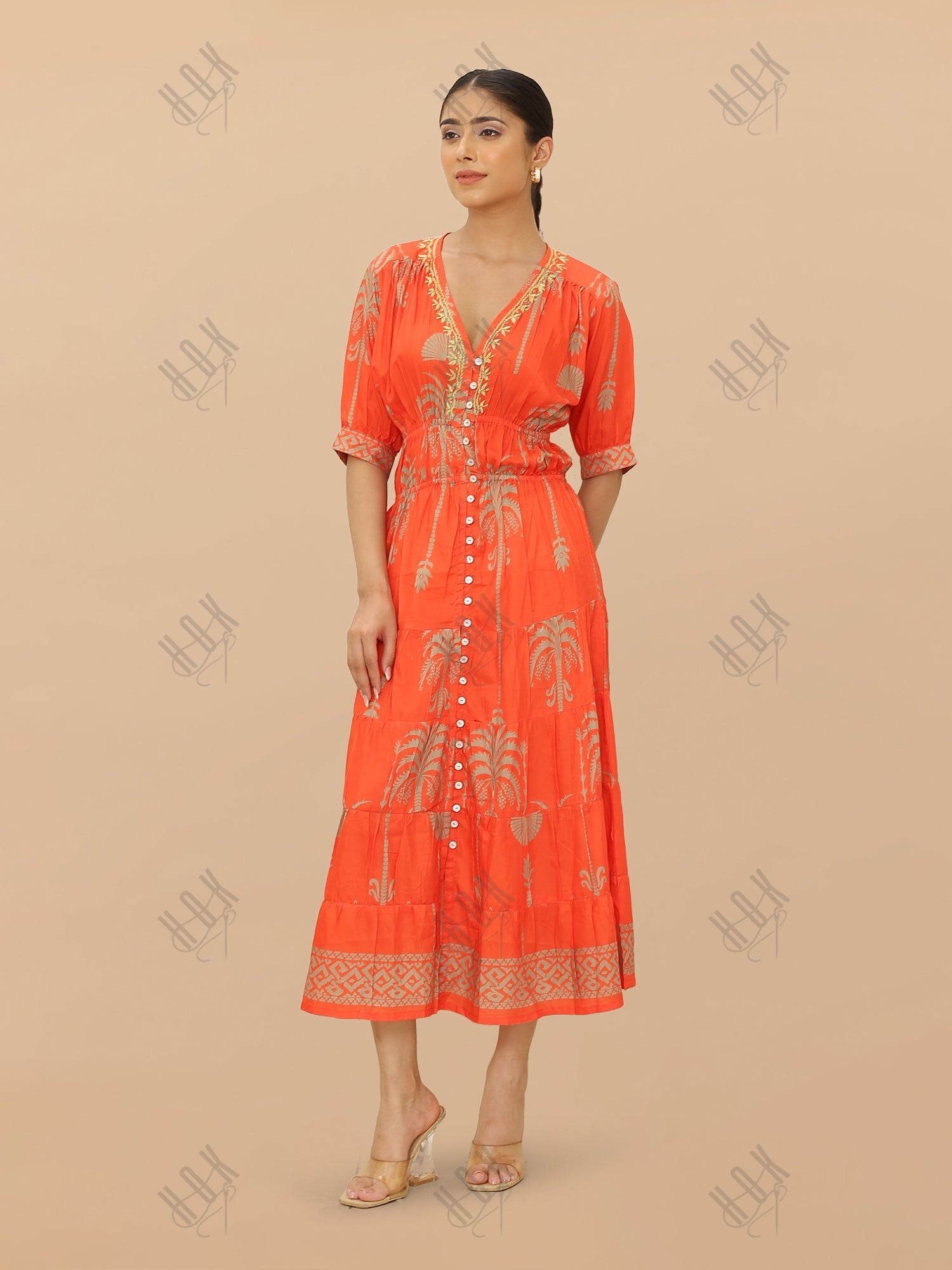 Saba Chikanakri Dress in Printed Muslin  - Orange