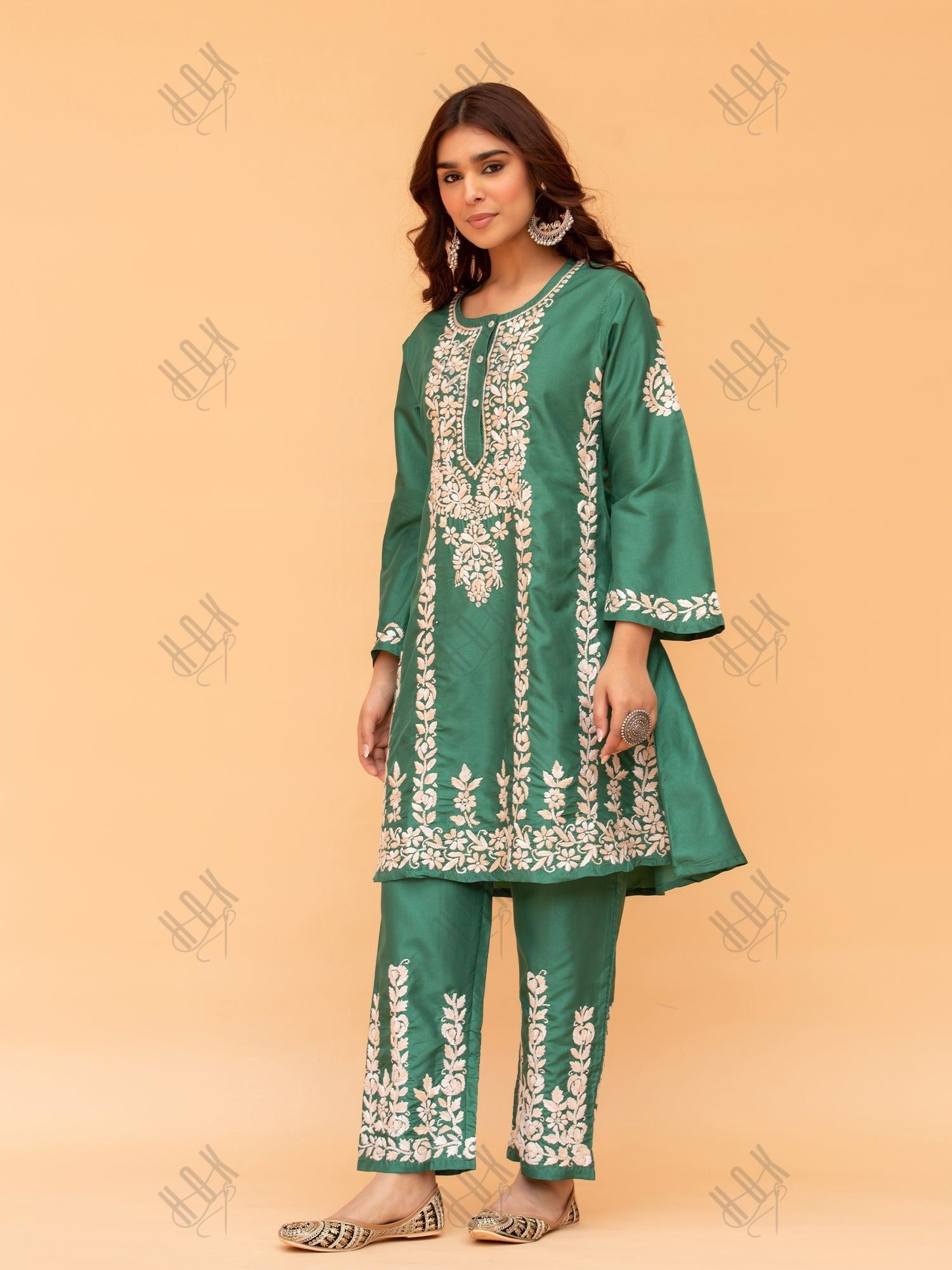 Saba Chikankari Kurta Set in Habutai Silk - Green