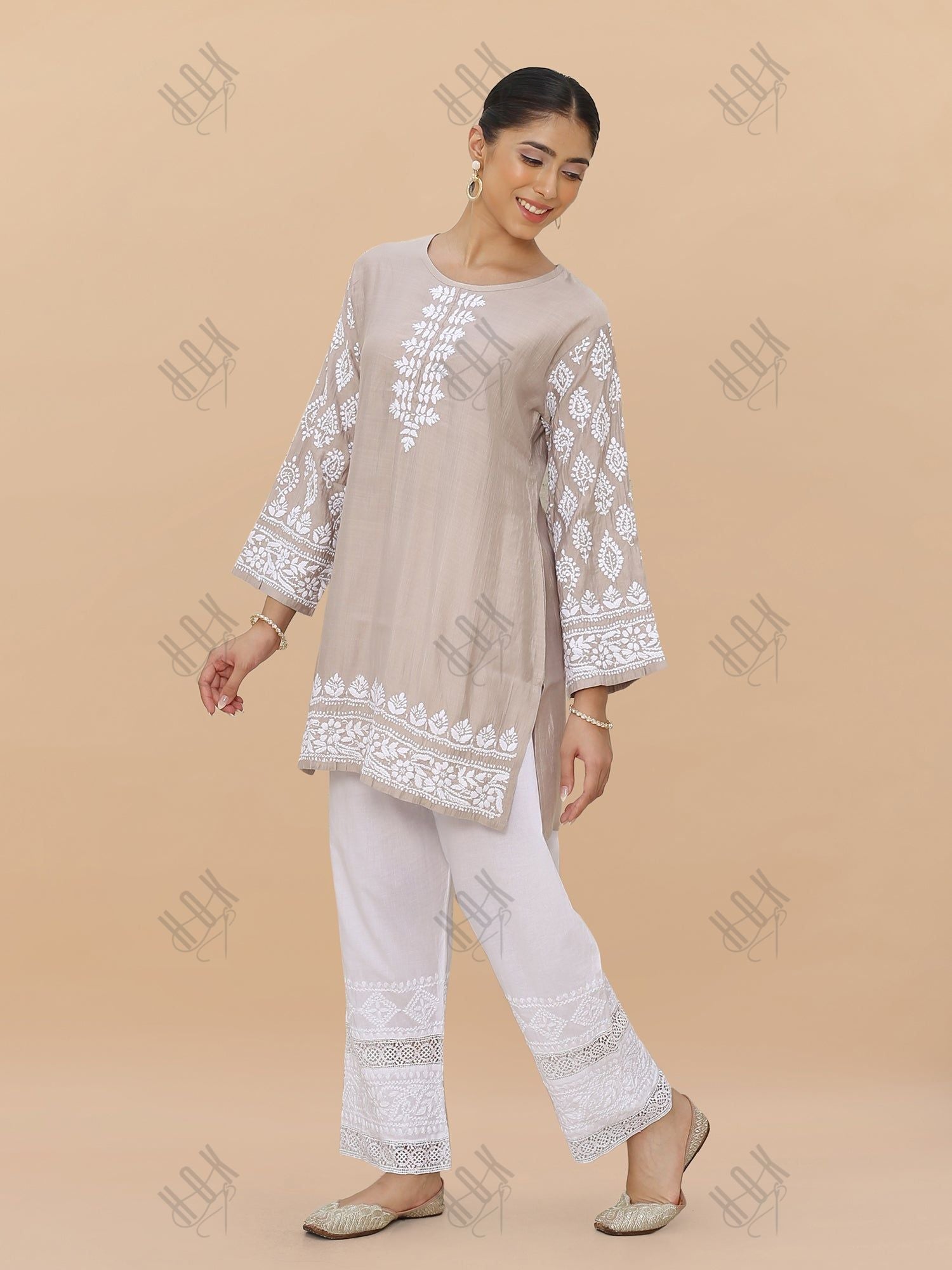 Kaashwi in Saba Chikankari Short kurta in Modal Silk  - Beige