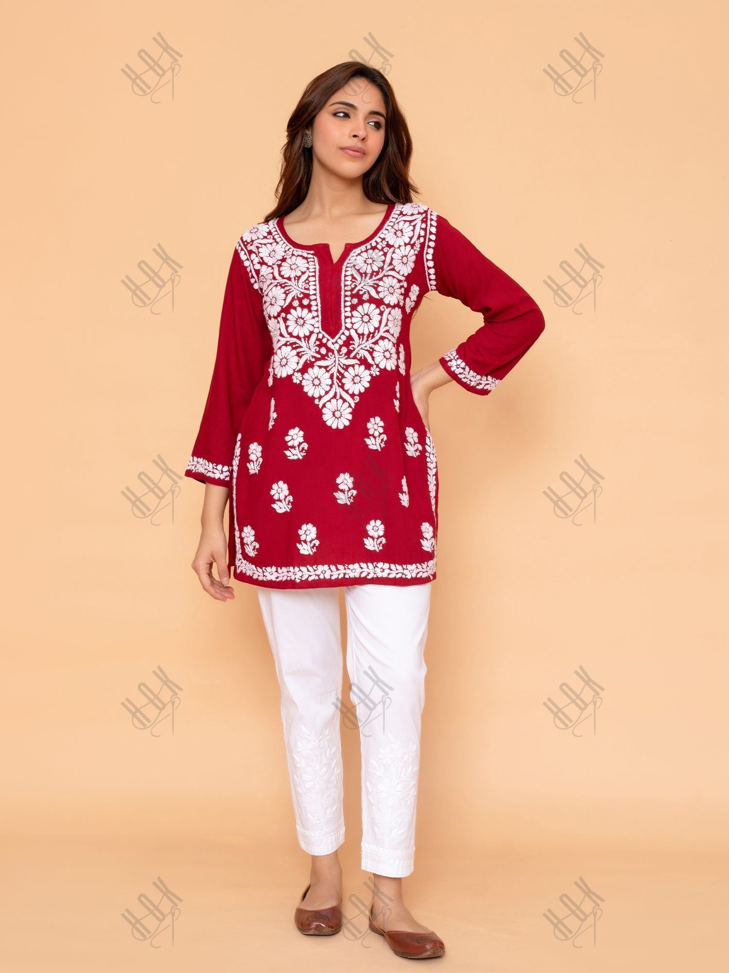 Saba Chikankari Short Kurta in Rayon cotton - Maroon