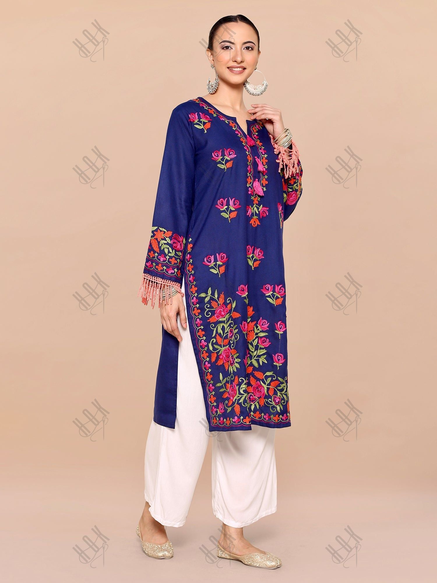 Nikita in Falak Kashmiri Long Kurta- Navy Blue