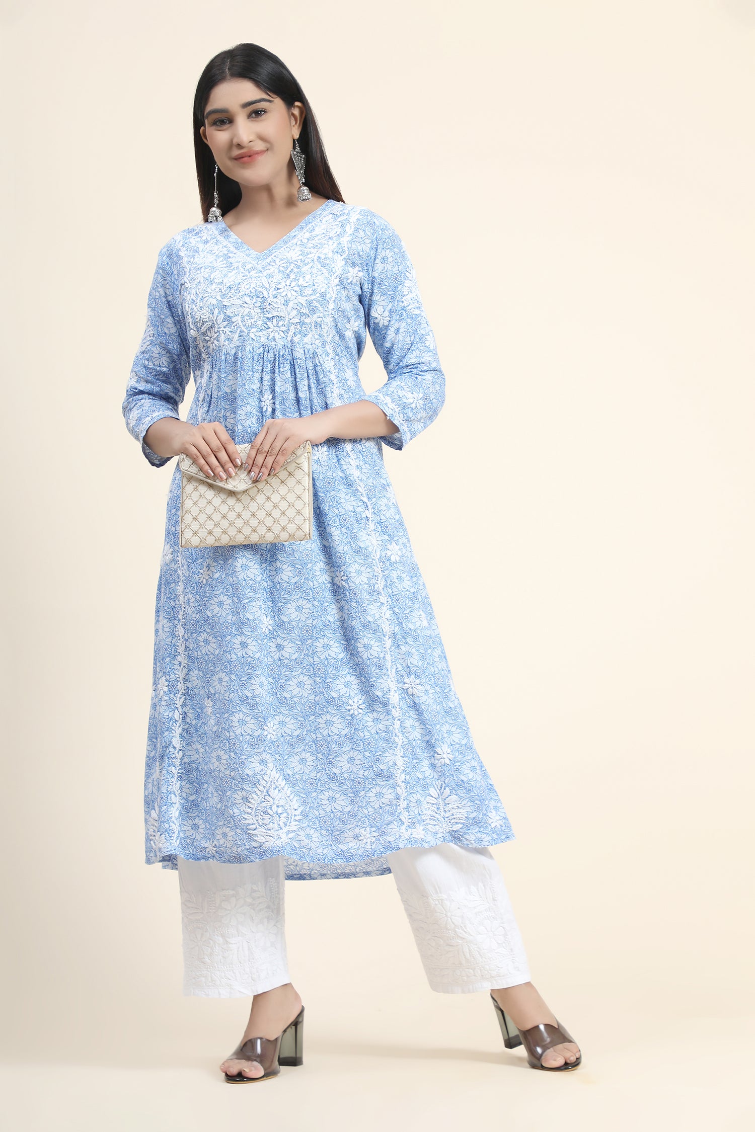 Hand embroidery Chikankari V neck Anarkali Dress | Long Kurti in Cotton For Women