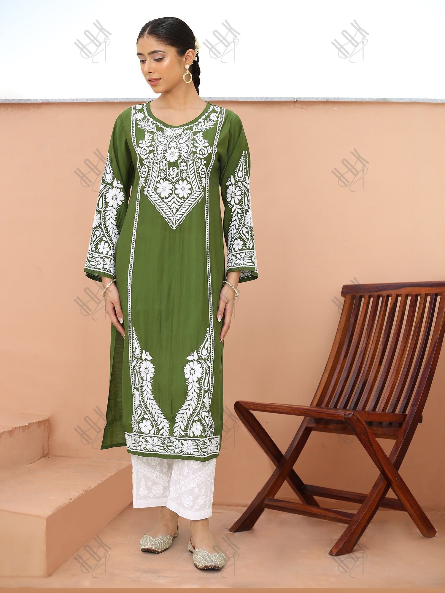 Saba Chikankari Long Kurti in Modal Silk - Green