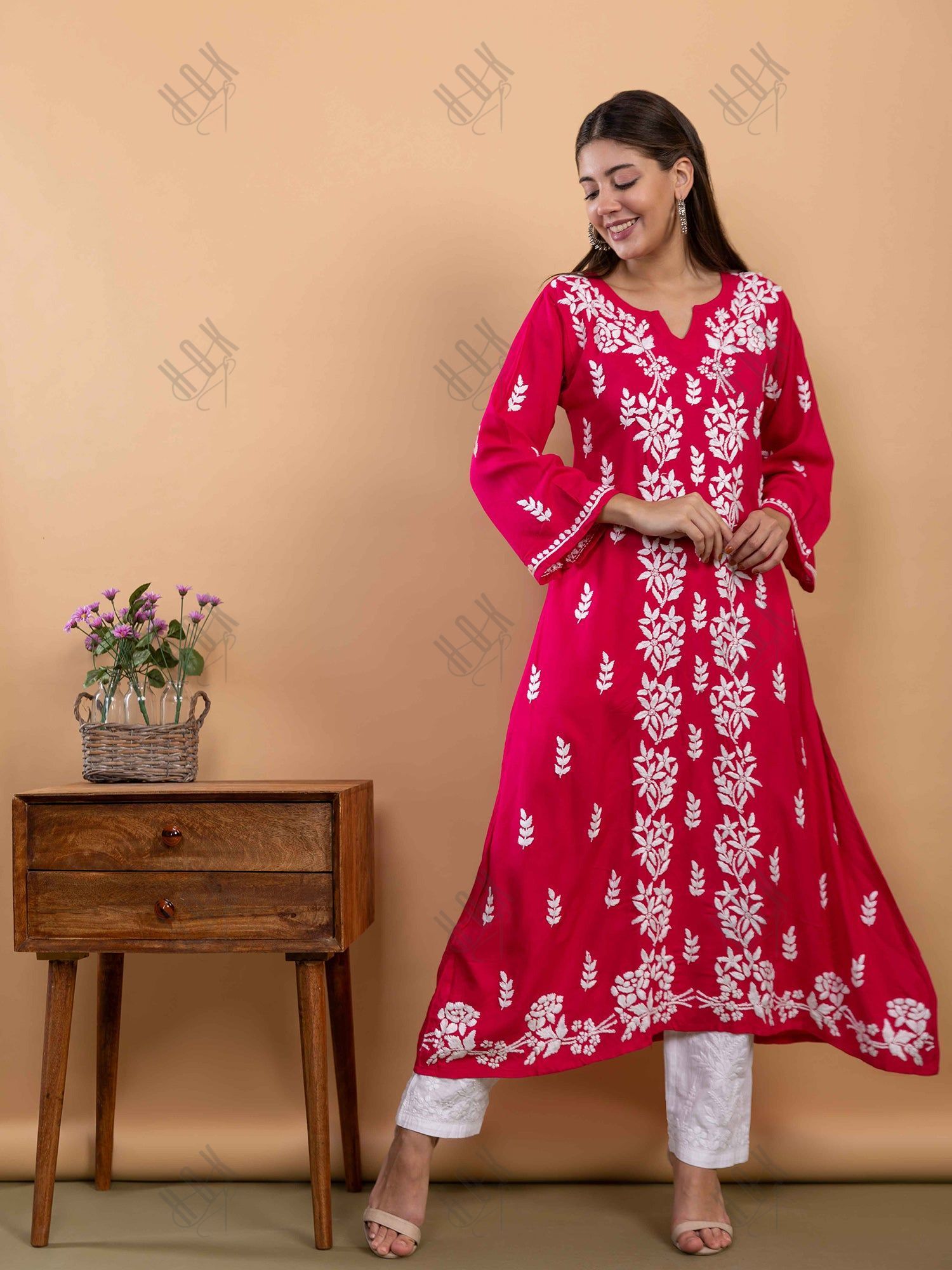 Fizaa Chikankari Kurta in Rayon Cotton Round Neck Magenta Pink