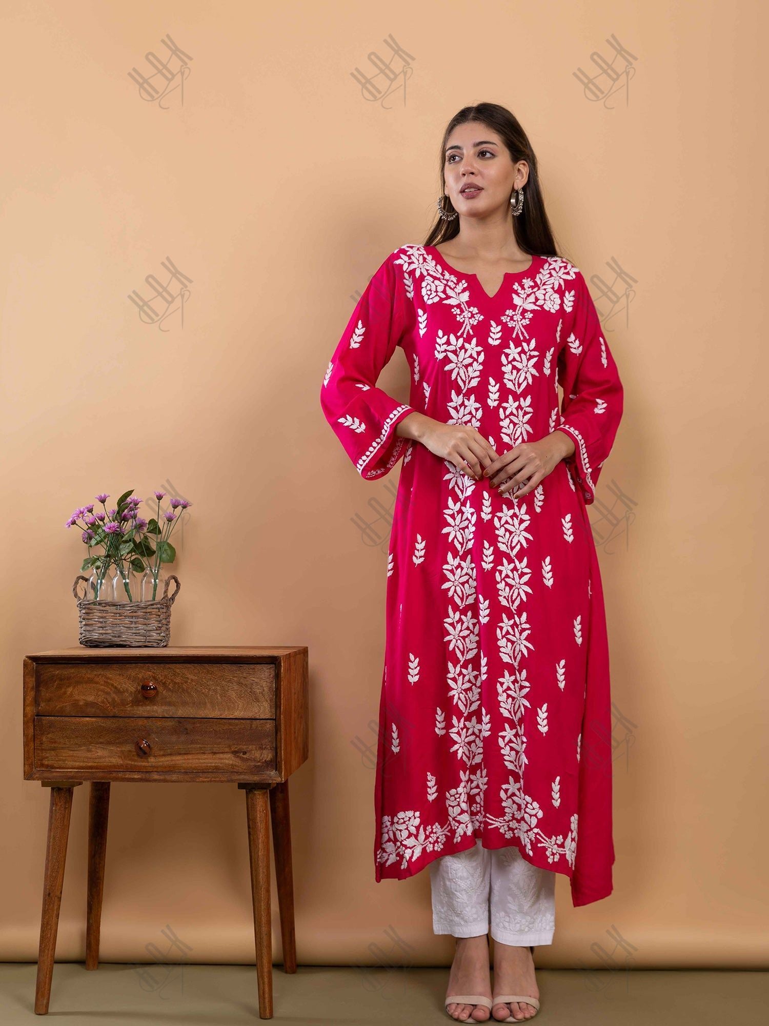 Fizaa Chikankari Kurta in Rayon Cotton Round Neck Magenta Pink