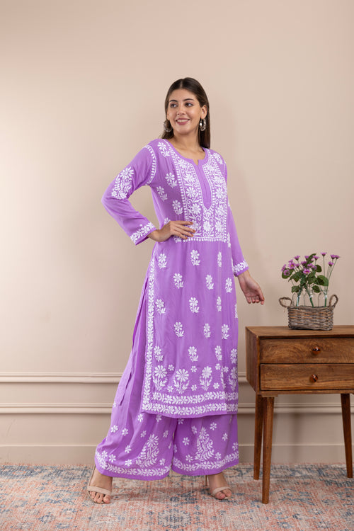 Fizaa  Chikankari Kurta Set in Modal Cotton Lavender