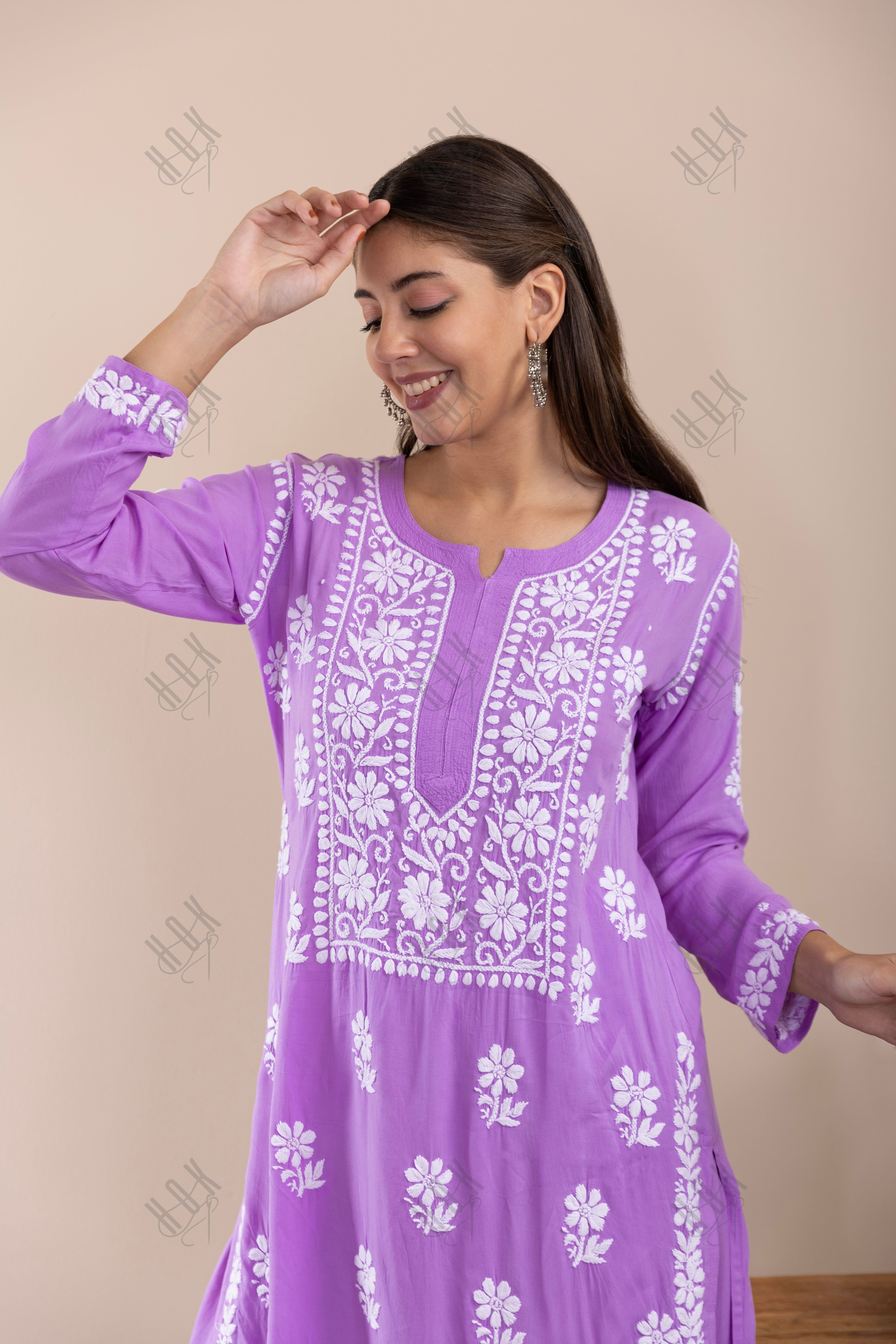 Fizaa  Chikankari Kurta Set in Modal Cotton Lavender