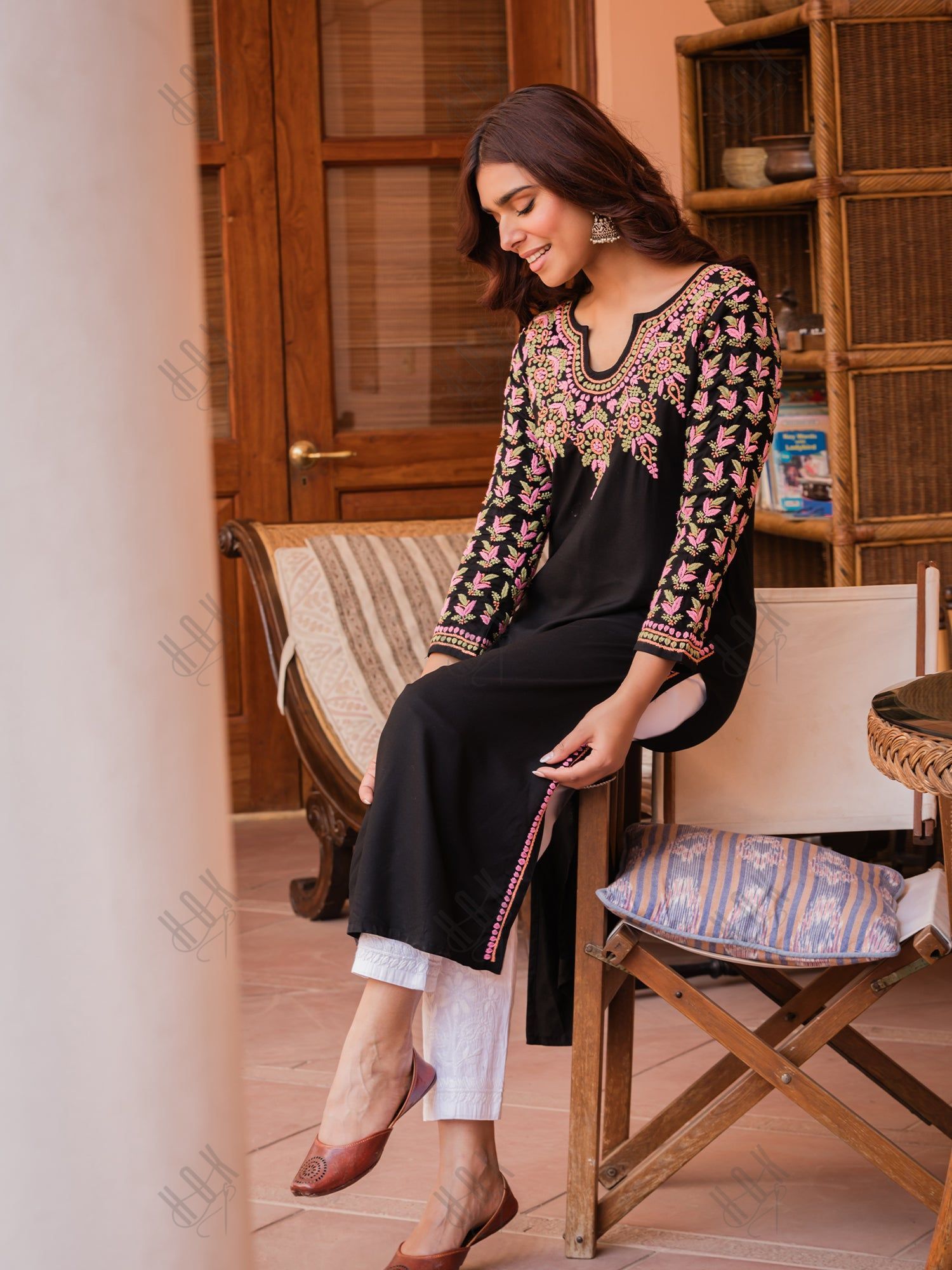 Saba Chikankari Kurta in Rayon Cotton - Black