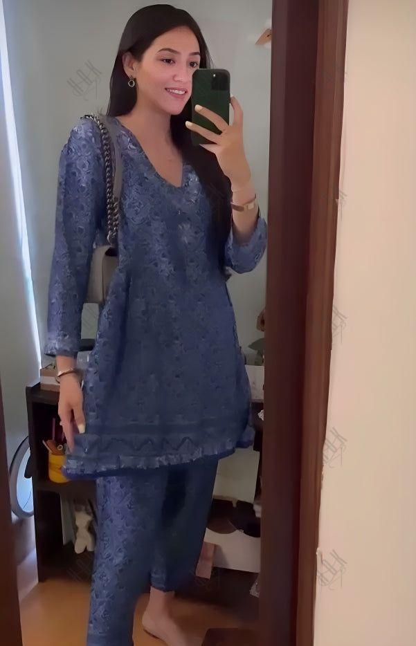 Mohi in Chikankari Co-ord Set in Polysilk for Women- Blue