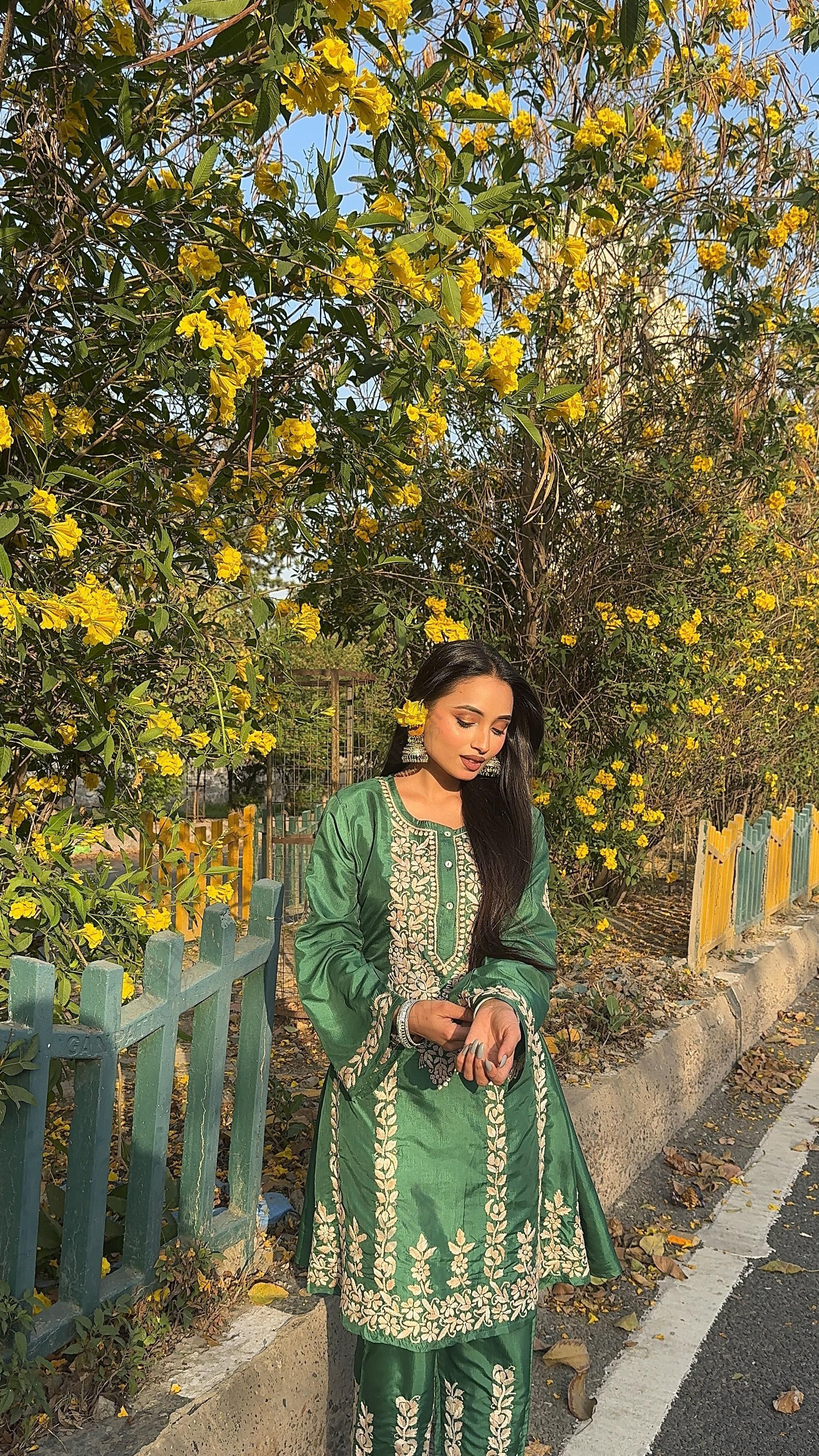 Nisa in Saba Chikankari Kurta Set in Habutai Silk - Green