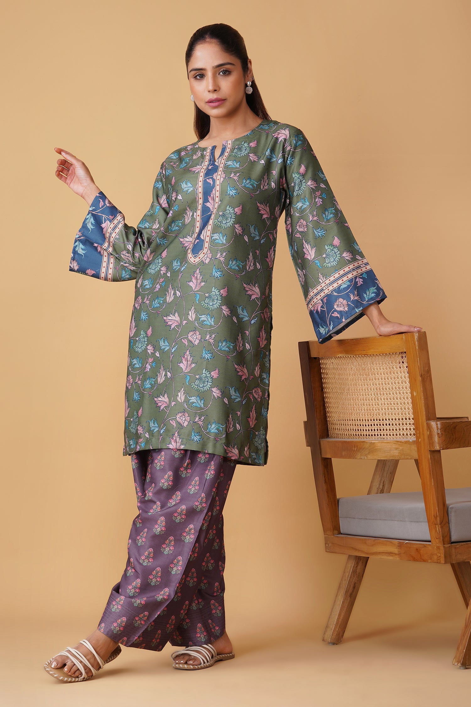 Pashmina Printkari Coord Set with Farsi Bottoms – Olive Green