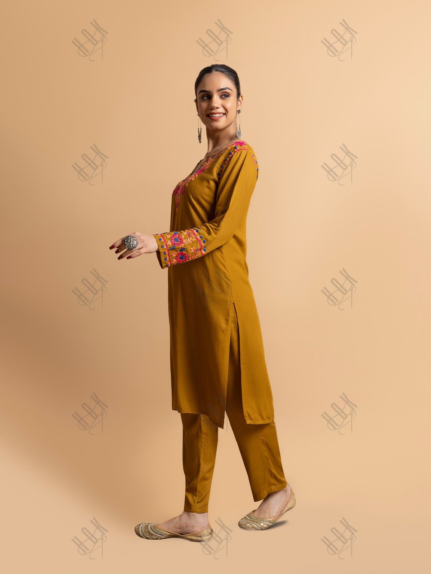 Saba Chikankari Cotton Silk Kurta Set for Women - Mustard