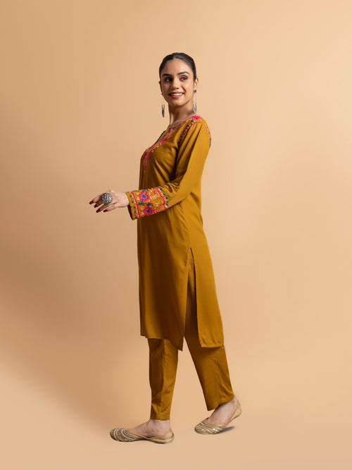 Fizaa's Chikankari Cotton Silk Kurta Set for Women - Mustard