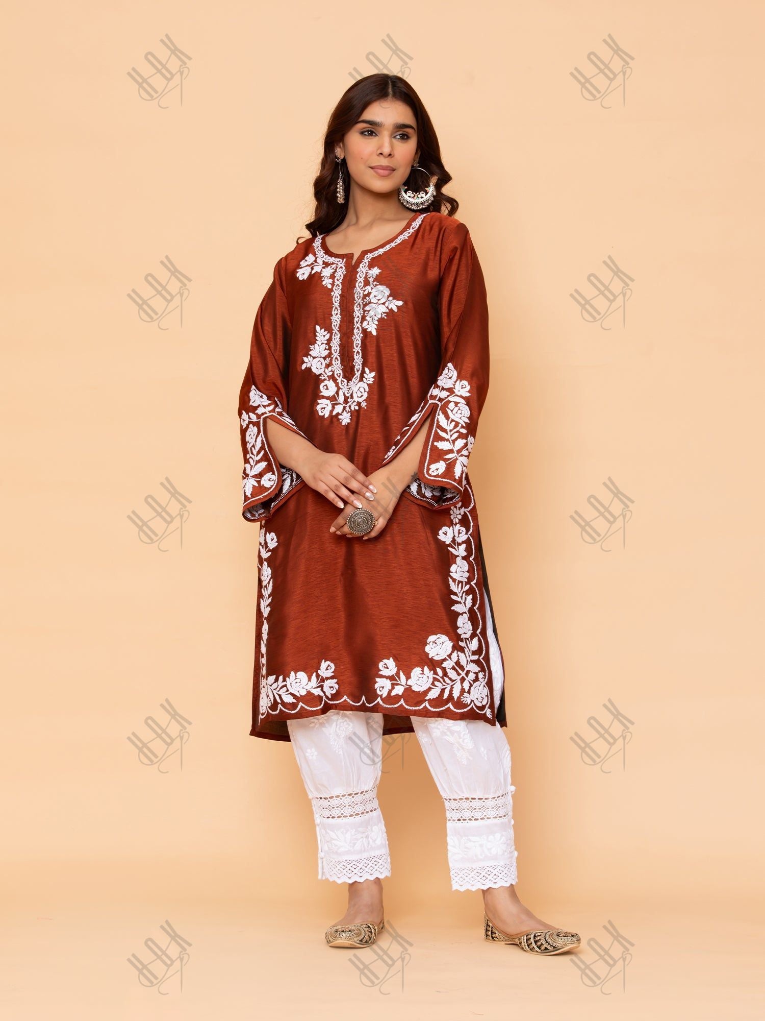 Saba Chikankari Long Kurta in Barfi Silk - Chutney