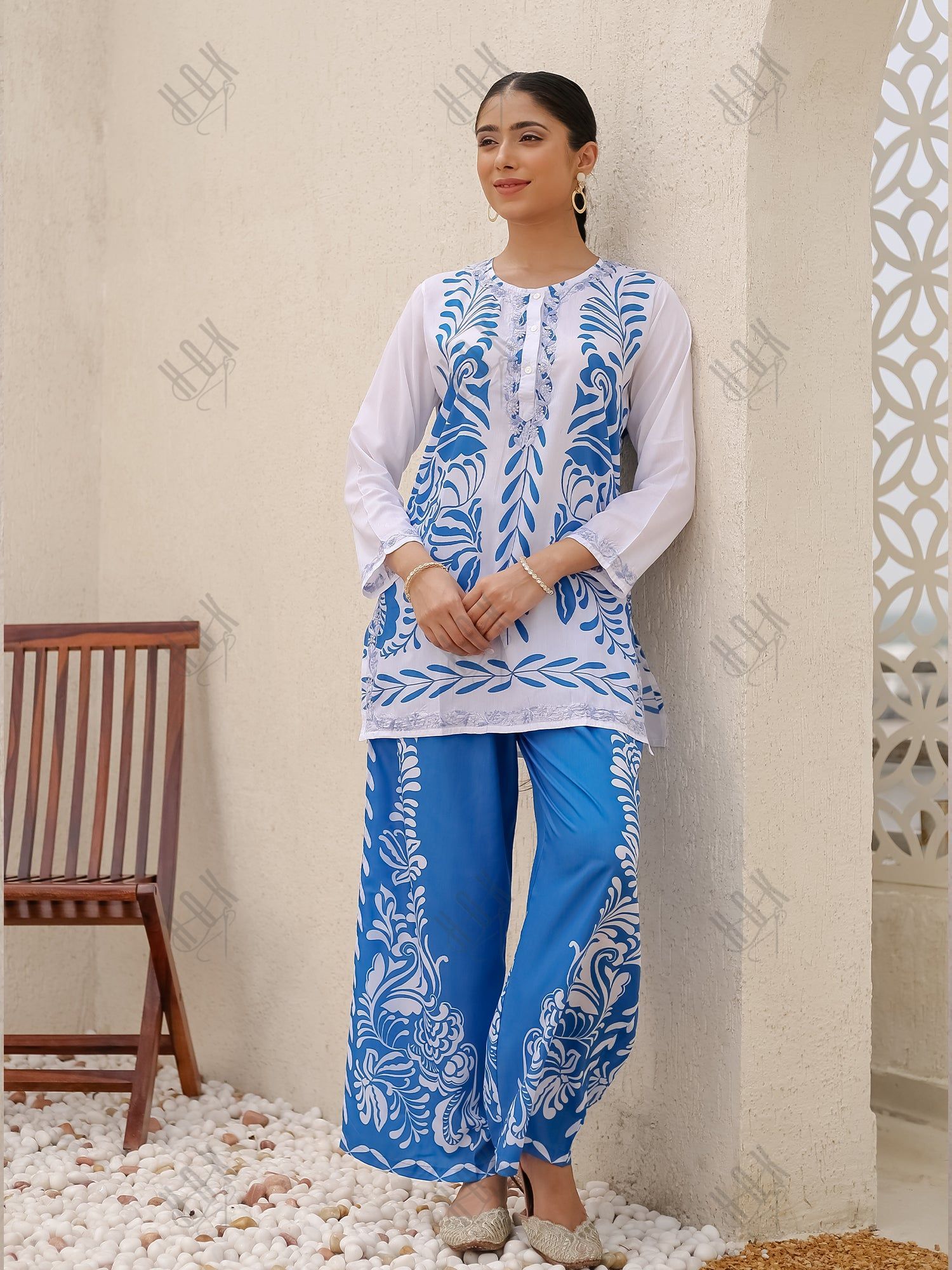 Saba Chikankari Cord Set in Poly Muslin Set - Blue