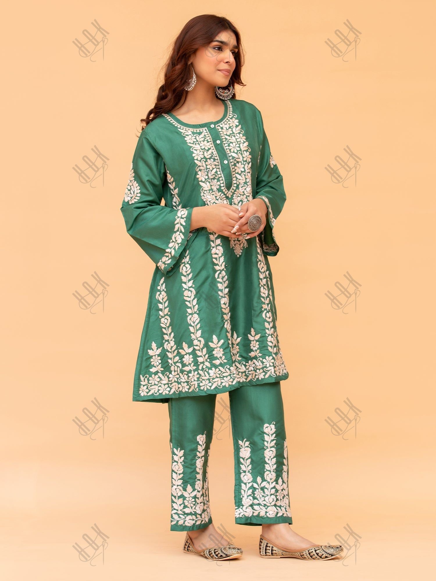 Saba Chikankari Kurta Set in Habutai Silk - Green