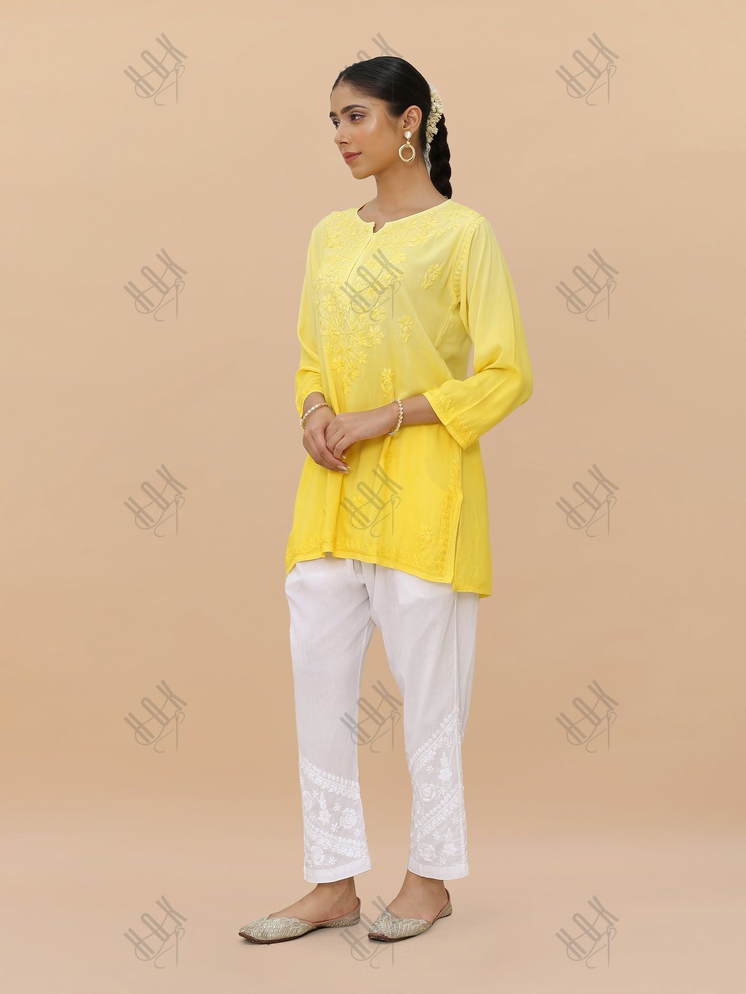 Saba Chikankari Short Kurta in Rayon cotton - Yellow