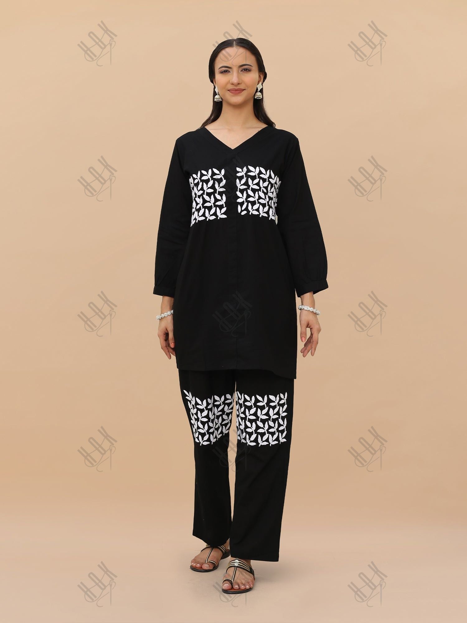 Saba Chikankari Cord Set in Cambric cotton - Black With White