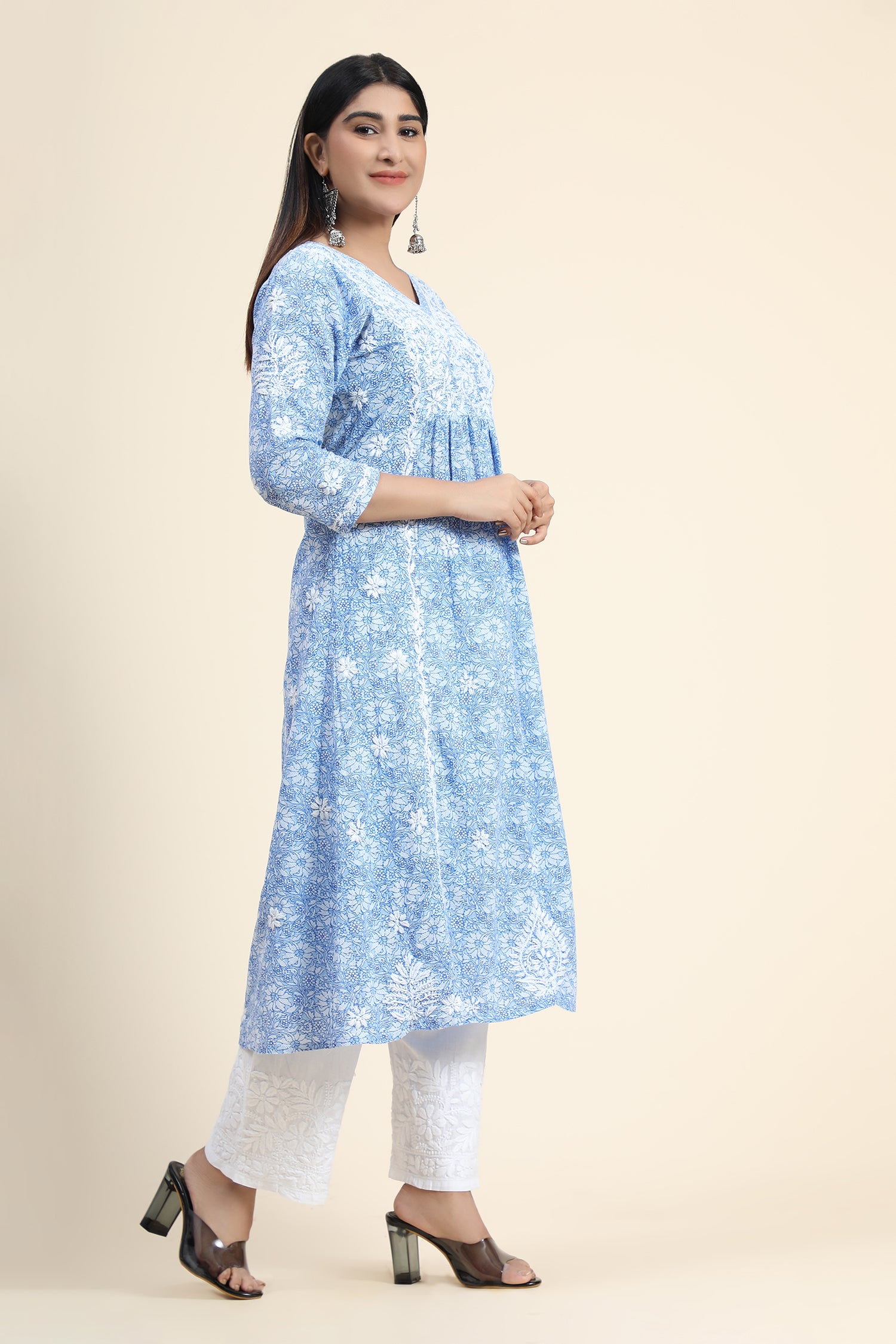 Hand embroidery Chikankari V neck Anarkali Dress | Long Kurti in Cotton For Women