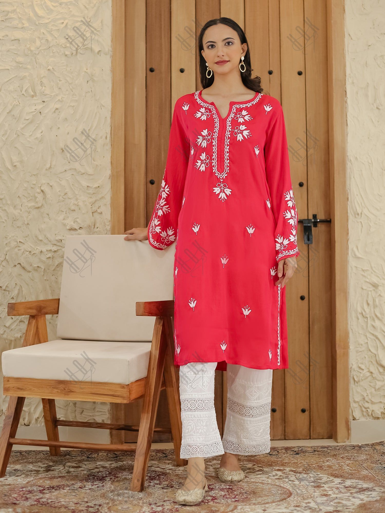 Saba Chikankari Long Kurta in Barfi Silk - Red