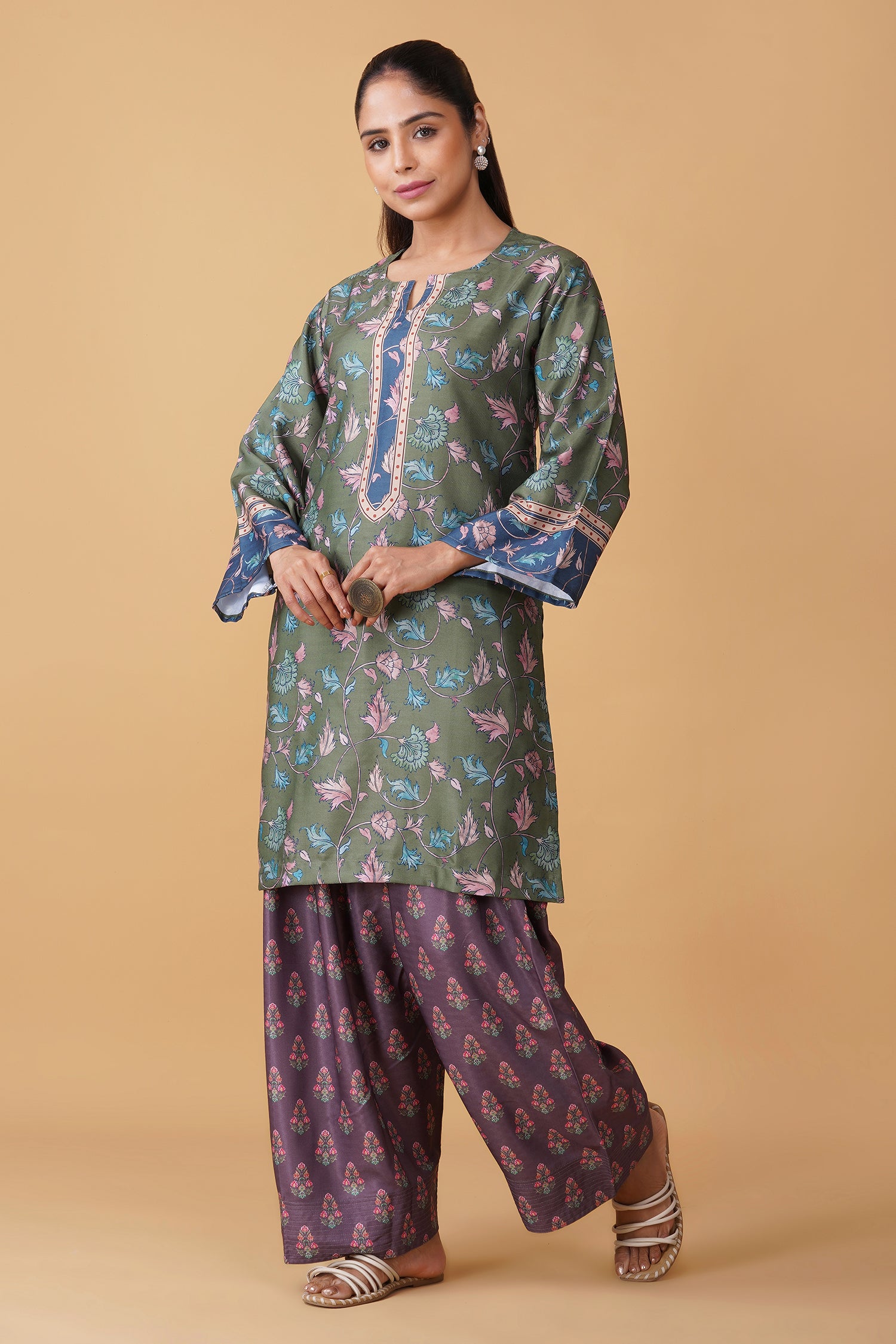 Pashmina Printkari Coord Set with Farsi Bottoms – Olive Green
