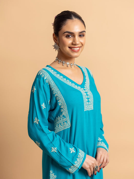 Aanchal in Chikankari Cord Set for Women - Turquoise blue
