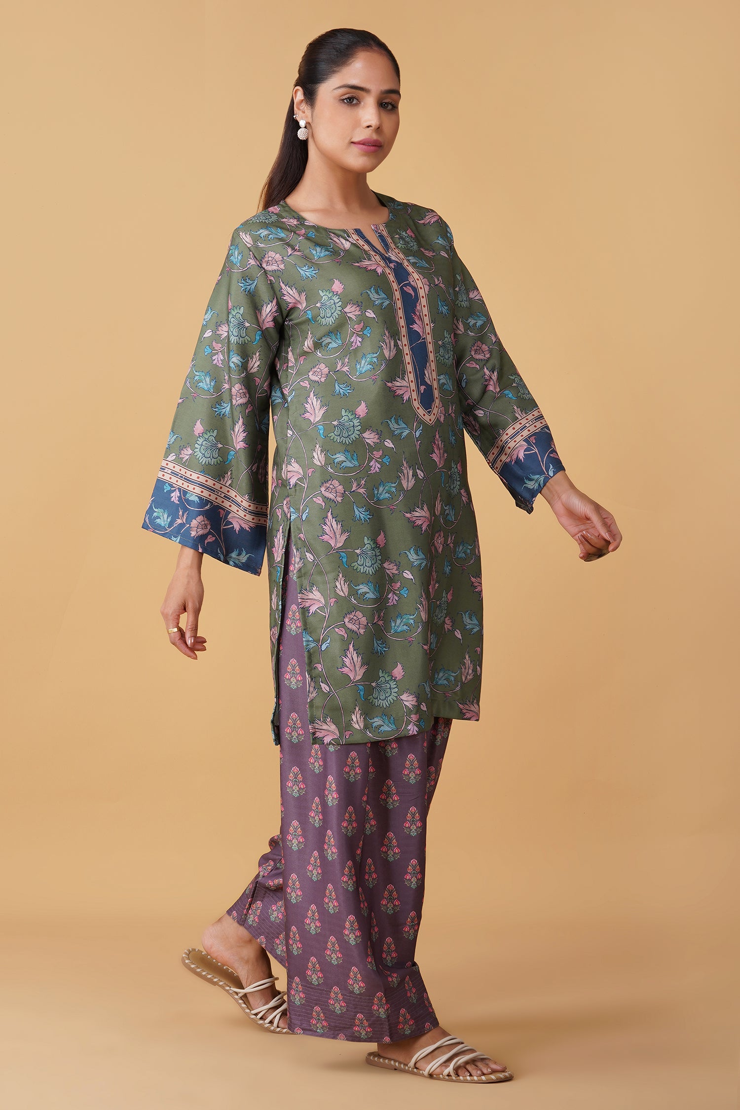 Pashmina Printkari Coord Set with Farsi Bottoms – Olive Green