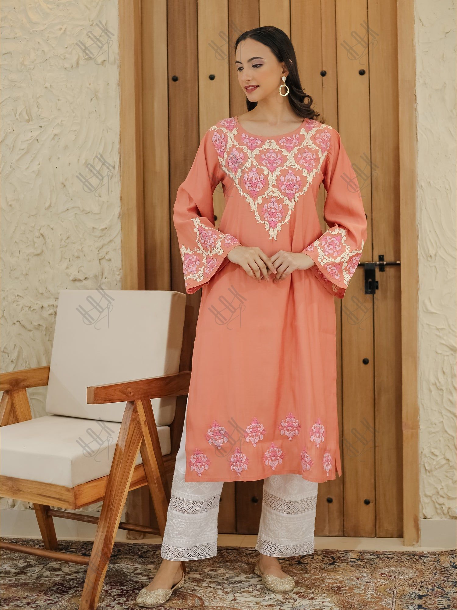 Saba Chikankari Long Kurta in Modal Silk - Peach