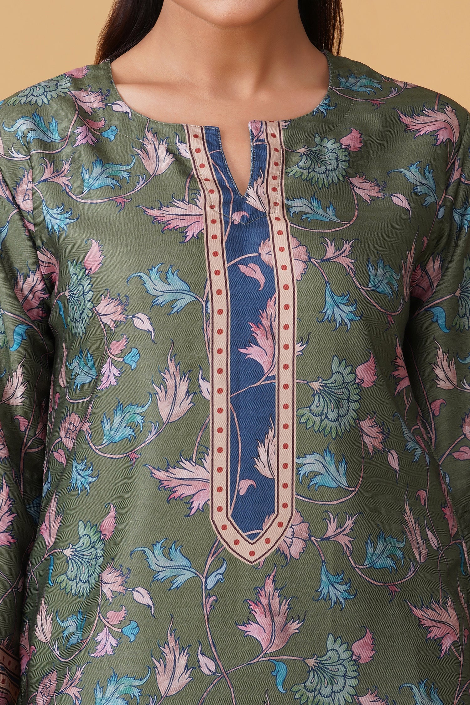 Pashmina Printkari Coord Set with Farsi Bottoms – Olive Green